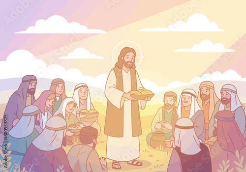 Jesus feeds a crowd with bread under a cloudy sky