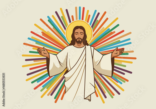 Jesus figure with outstretched arms encircled by colorful radiating lines and a golden halo