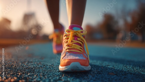Close-up of colorful running shoes on a person's feet walking outdoors