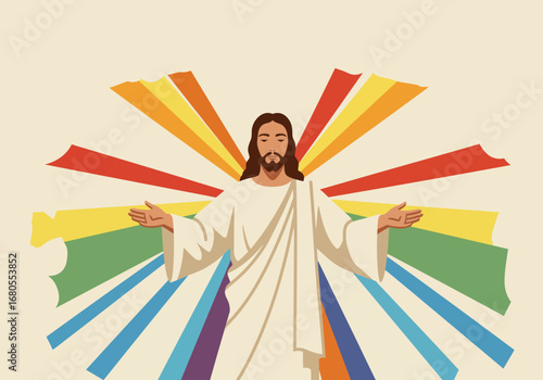Jesus figure with rainbow rays emanating behind him arms outstretched wearing a white robe