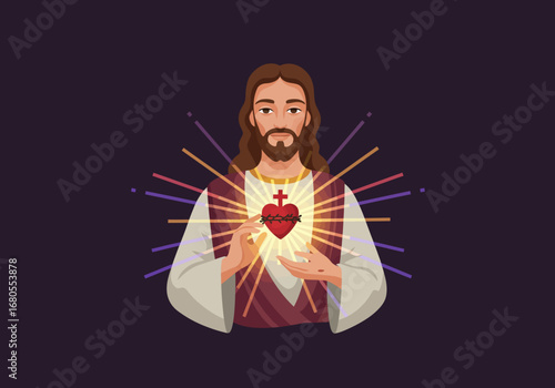 Jesus holds sacred heart light rays radiate on dark background