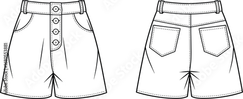 High waist pleated shorts technical fashion flat sketch front and back view with button fly, belt loops, patch pockets, darts