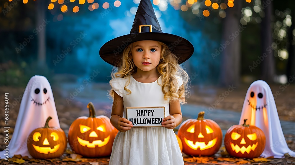 Fototapeta premium Little girl in witch hat holding happy halloween sign with pumpkins and ghosts