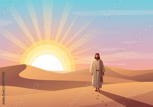 Jesus in desert with sunset footprint trail behind him