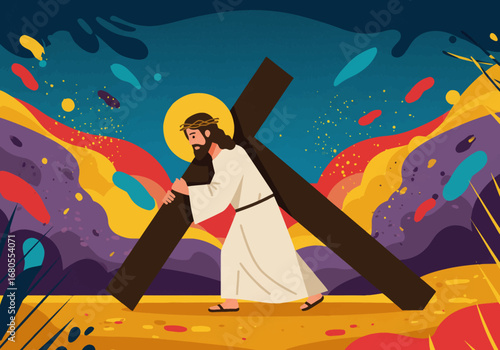 Jesus in white robe carrying cross crown of thorns bright yellow halo in symbolic desert setting