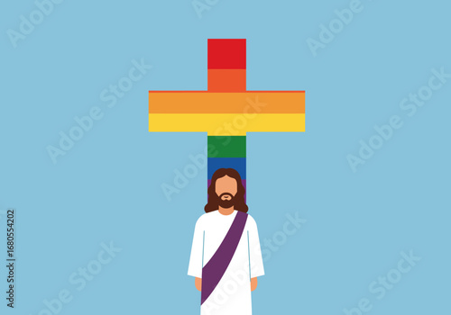 Jesus stands beneath a rainbow cross