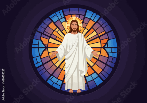 Jesus stands before a stained glass window arms open