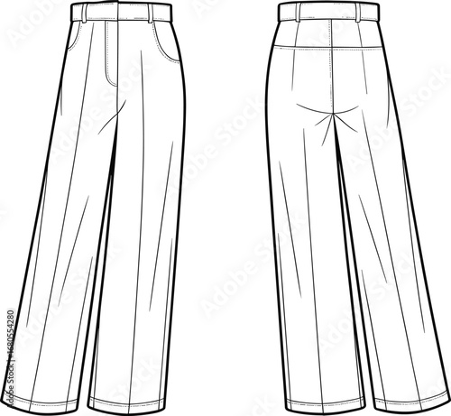 High waist wide leg pants technical fashion flat sketch front and back view with cuff hem, belt loops, pockets, darts