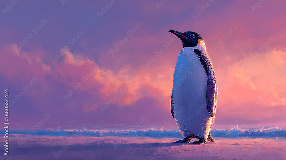 Obraz premium A penguin appears lifelike, standing close on warm sand instead of ice, with soft pastel twilight hues filling the horizon.