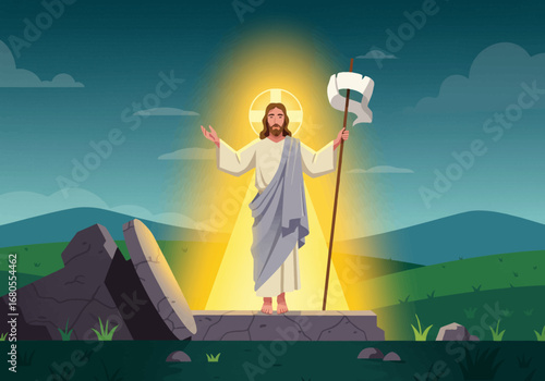 Jesus stands radiant from his tomb holding a flag