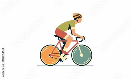 Side profile of a cyclist in a green jersey and helmet riding a colorful road bicycle.