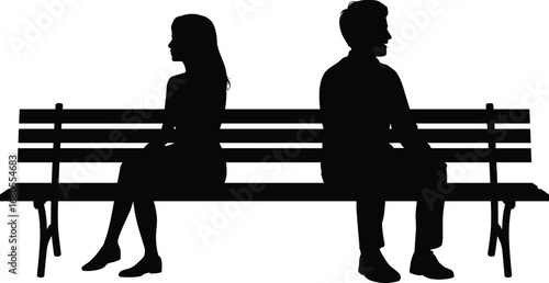 Silhouette of man and woman sitting apart on bench, concept of relationship conflict, breakup, disagreement, or emotional distance.