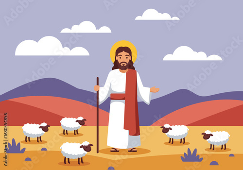 Man in white robes surrounded by sheep holding staff with halo in a landscape