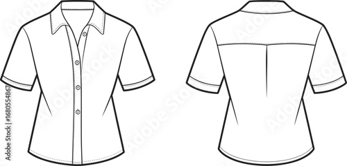 Technical fashion flat sketch of short‑sleeved women’s button‑up shirt front and back views with pointed collar, yoke, pleat, and cuff detail