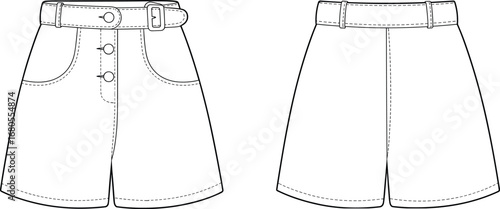 High waisted shorts technical fashion flat sketch front and back view with belt loops pockets detailed stitching vector apparel template design