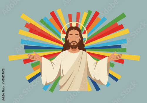 Man with halo open arms  colorful background