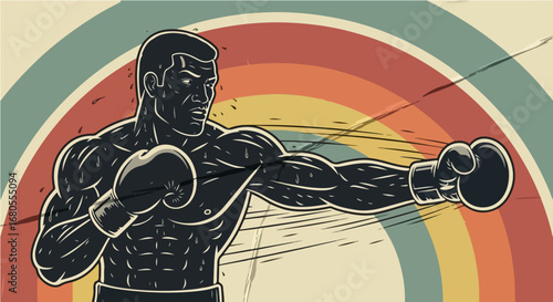 Dynamic retro illustration capturing the powerful essence of a boxer mid-punch, showcasing strength, speed, and vintage athletic spirit against a vibrant striped background