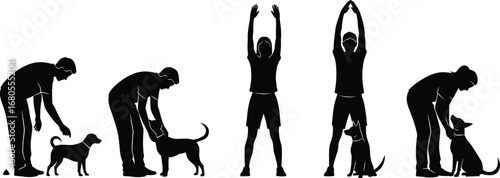 Silhouette of Man and Woman Stretching and Exercising with Dog in Different Fitness Poses for Healthy Lifestyle Routine