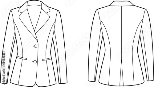 Technical fashion flat sketch of tailored women’s blazer front and back views with notched lapel, princess seams, and welt pockets