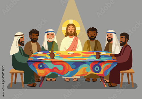 Six men gather around a colorful table with dishes and jugs with a man with a halo above him