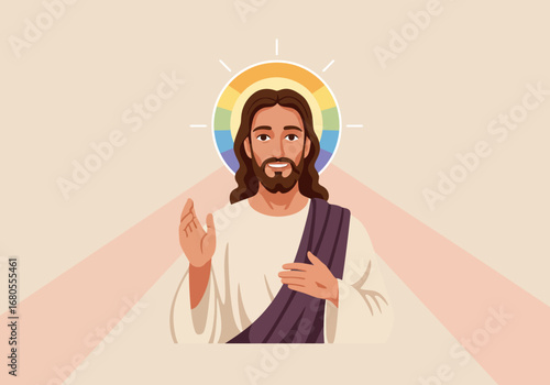 Smiling Jesus figure with rainbow halo tunic  purple sash Hand raised