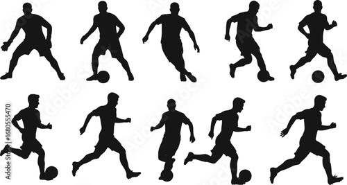 Soccer player silhouette, football player running, soccer dribbling, football action, sports silhouette, athlete kicking ball, soccer game