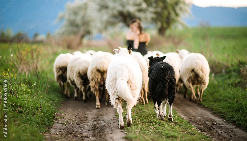 Fototapeta premium Sheep herd on a country road