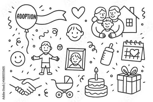 Adoption Celebration Doodles. Hand-drawn doodle illustration adoption celebration balloon, ribbon, family, heart, house, child,