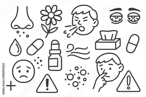 Allergy Symptoms Icons. Hand-drawn doodle illustration allergies and nose pollen icon, nose, flower, sneeze, red eyes, tissue,