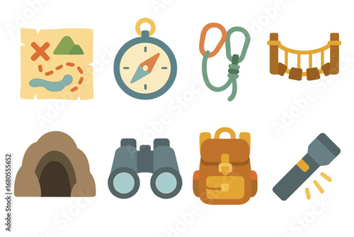 Adventure Icons for Kids. Flat vector mini-illustrations adventure challenges in colors children's illustrations: treasure map,