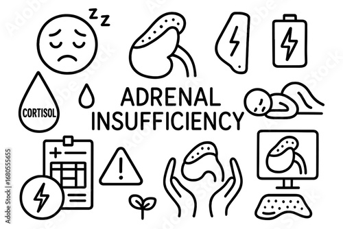 Adrenal Insufficiency Icons. Hand-drawn doodle illustration adrenal insufficiency tired face, adrenal gland, fatigue symbol,