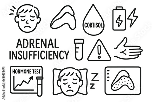 Adrenal Insufficiency Icons. Hand-drawn doodle illustration adrenal insufficiency tired face, adrenal gland, fatigue symbol,