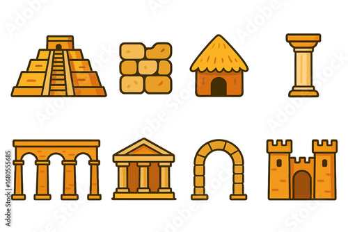 Ancient Architecture Icons. Flat vector mini-illustrations ancient architecture in colors children's illustrations: ziggurat,