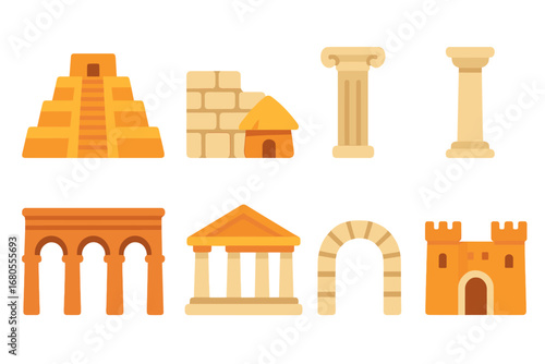 Ancient Architecture Icons. Flat vector mini-illustrations ancient architecture in colors children's illustrations: ziggurat,