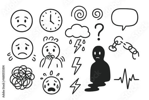Anxiety Icons. Hand-drawn doodle illustration unease frowning face, clock, spirals, trembling hands, bite nails, heavy breath,