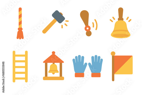 Bell Ringing Tools. Flat vector mini-illustrations bell ringing tools in colors children's illustrations: bell rope, hammer