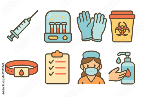 Blood Donation Safety Icons. Flat vector mini-illustrations blood donation safety in colors children's illustrations: clean needle