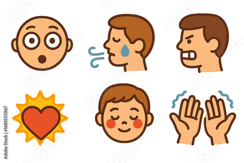 Body Reactions Icons. Flat vector mini-illustrations body reactions in colors children's illustrations: wide open eyes, heavy
