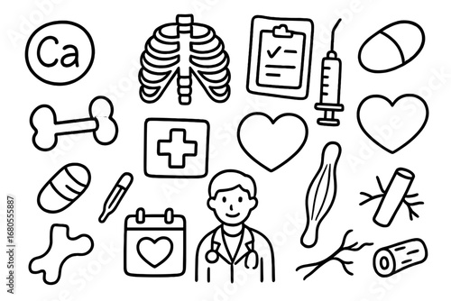 Bone Health Doodles. Hand-drawn doodle illustration rib cage bone health calcium tablet, rib cage, syringe, pill, dumbbell,