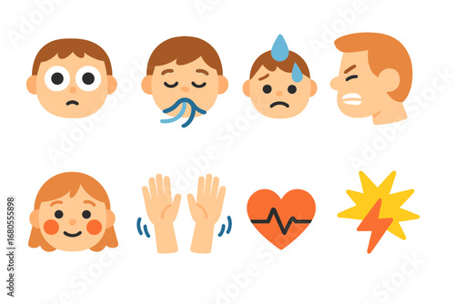 Body Reactions Icons. Flat vector mini-illustrations body reactions in colors children's illustrations: wide open eyes, heavy
