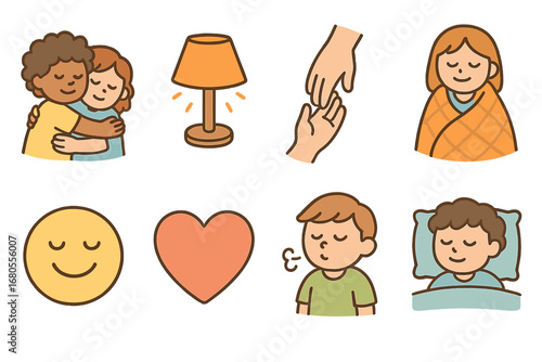 Calm and Comfort Icons. Flat vector mini-illustrations terror and calming in colors children's illustrations: comforting hug,