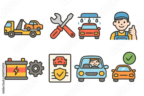 Car Repair Adventure Icons. Flat vector mini-illustrations car crash recovery in colors children's illustrations: tow truck,