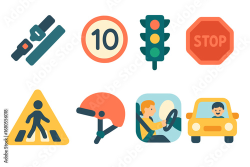 Car Safety Icons. Flat vector mini-illustrations car crash prevention in colors children's illustrations: seat belt, speed limit
