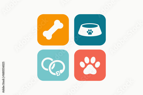 Collection of Icons Representing Pet Care Essentials Bone, Food Bowl, Collar, and Paw Print