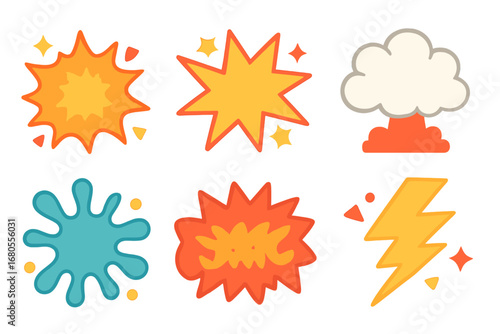 Cartoon Explosion Icons. Flat vector mini-illustrations cartoon explosions in colors children's illustrations: POW burst, BAM star