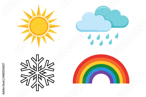 Weather Icons Sun, Clouds with Rain, Snowflake, and Rainbow - A vector set for various weather conditions. 