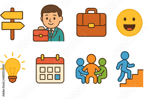 Career Change Icons. Flat vector mini-illustrations career change in colors children's illustrations: crossroads sign, new job,