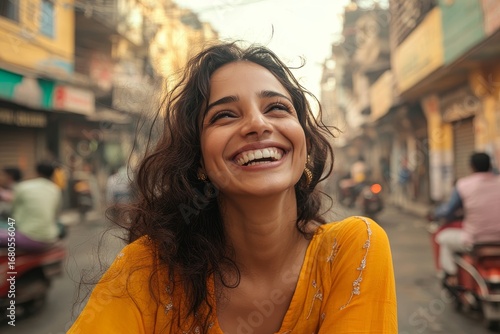 Joyful Indian woman explores city streets, enjoying her sightseeing experience as a tourist in an urban environment, Generative AI