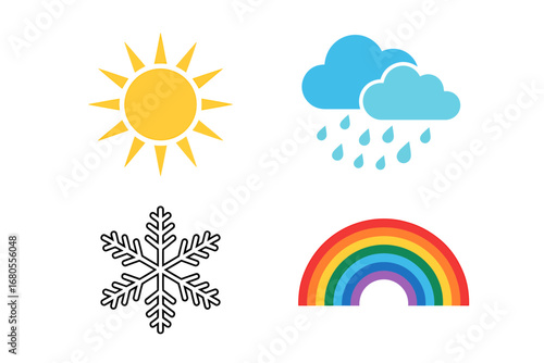 Weather Icons Sun, Rain, Snow, Rainbow - Simple Flat Design
