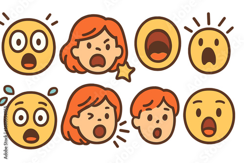 Cartoon Scream Expressions. Flat vector mini-illustrations cartoon scream expressions in colors children's illustrations: wide